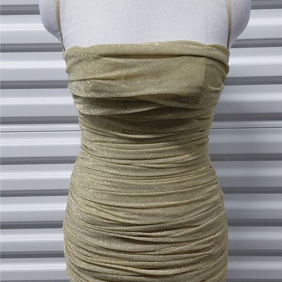 House of CB Ella Ruched Organza Mini Dress Sz Small Gold Cocktail Party Wedding - Picture 4 of 10